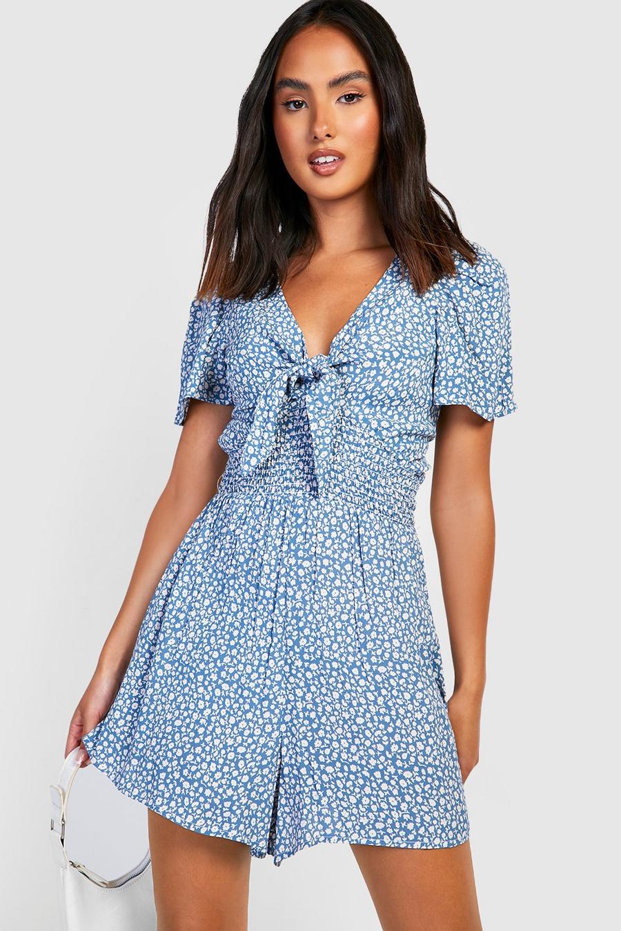 Blue Ditsy Floral Tie Front Floaty Playsuit  image number 1