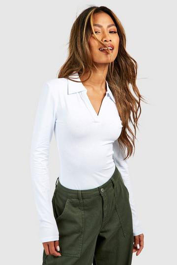 Collar Long Sleeve Jersey Knit Bodysuit white