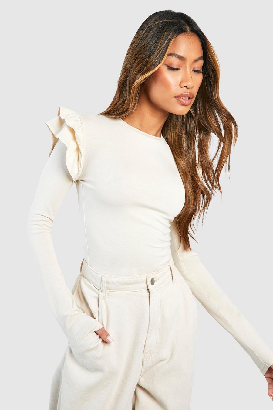 Stone Frill Detail Long Sleeve Jersey Knit Fitted Top