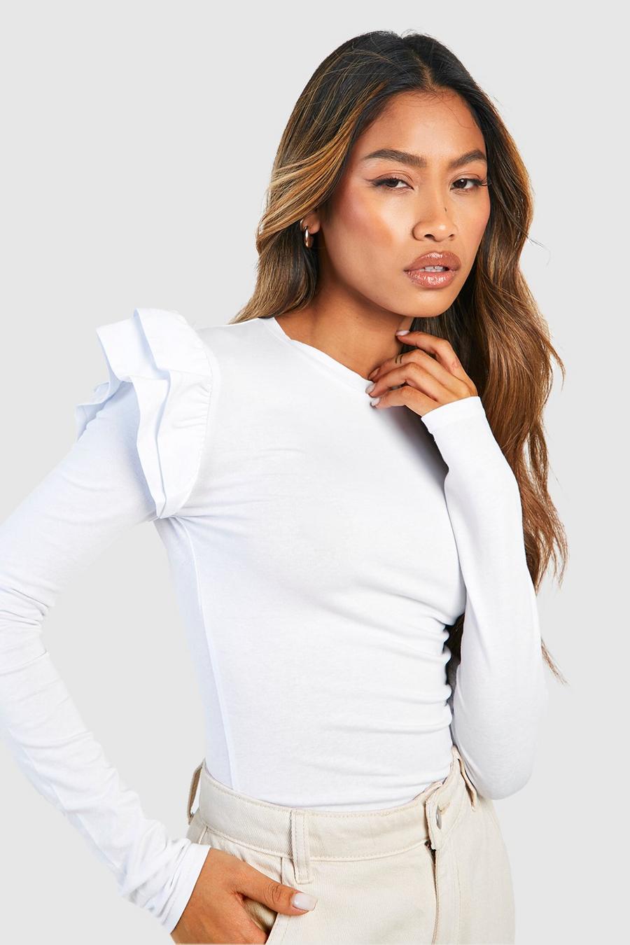 White Frill Detail Long Sleeve Jersey Knit Fitted Top