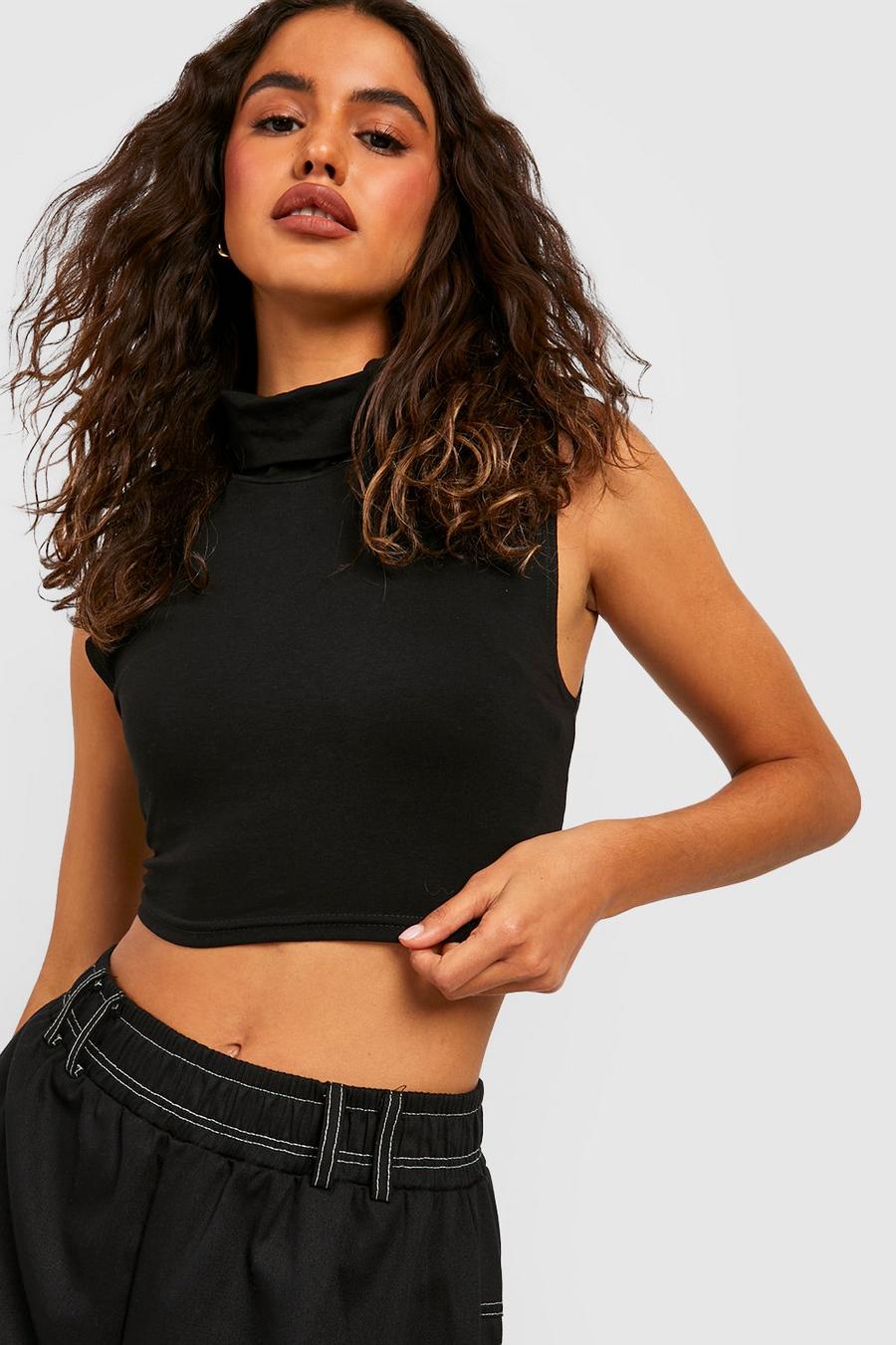Crop top smanicato in jersey Basic a collo alto, Black image number 1