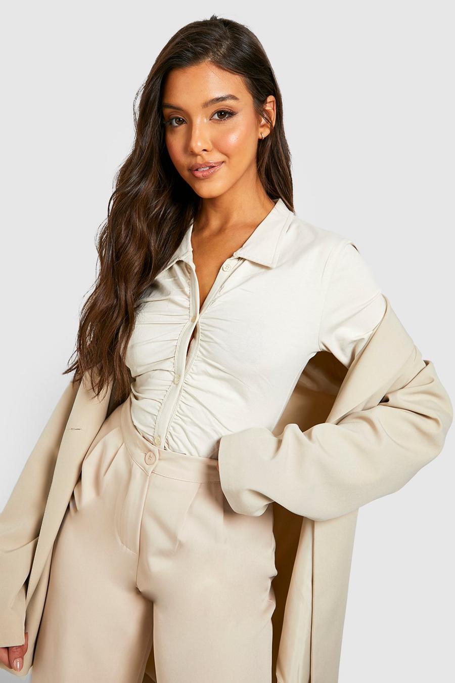 Stone beige Ruched Fitted Jersey Collared Shirt image number 1