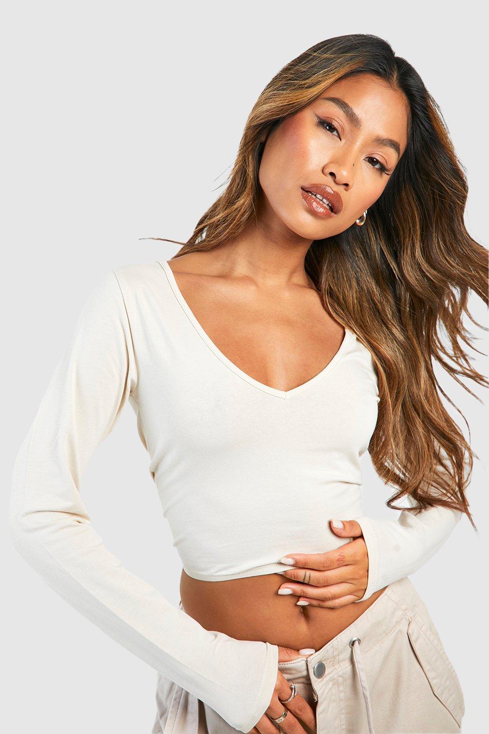 Women's Stone Long Sleeve Basic Jersey V Neck Crop Top