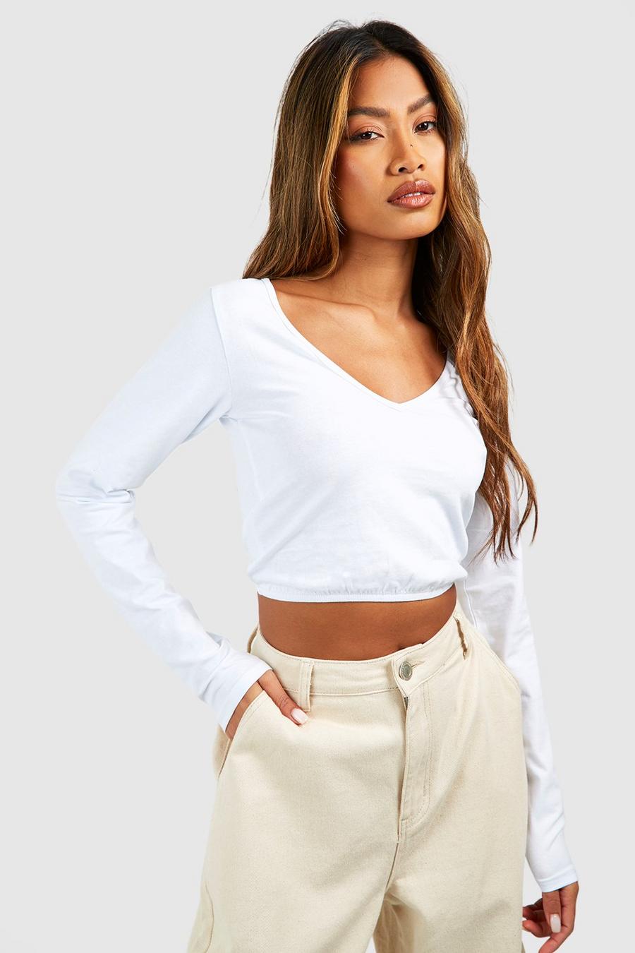 Crop top Basic a maniche lunghe in jersey con scollo a V, White image number 1