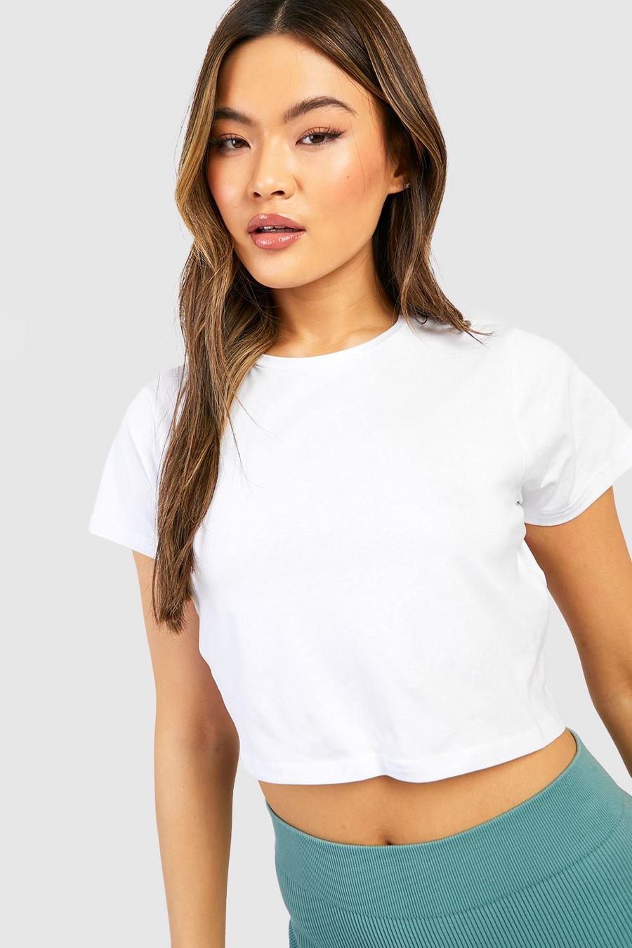 White Short Sleeve Basic Crew Neck Jersey Crop Top image number 1