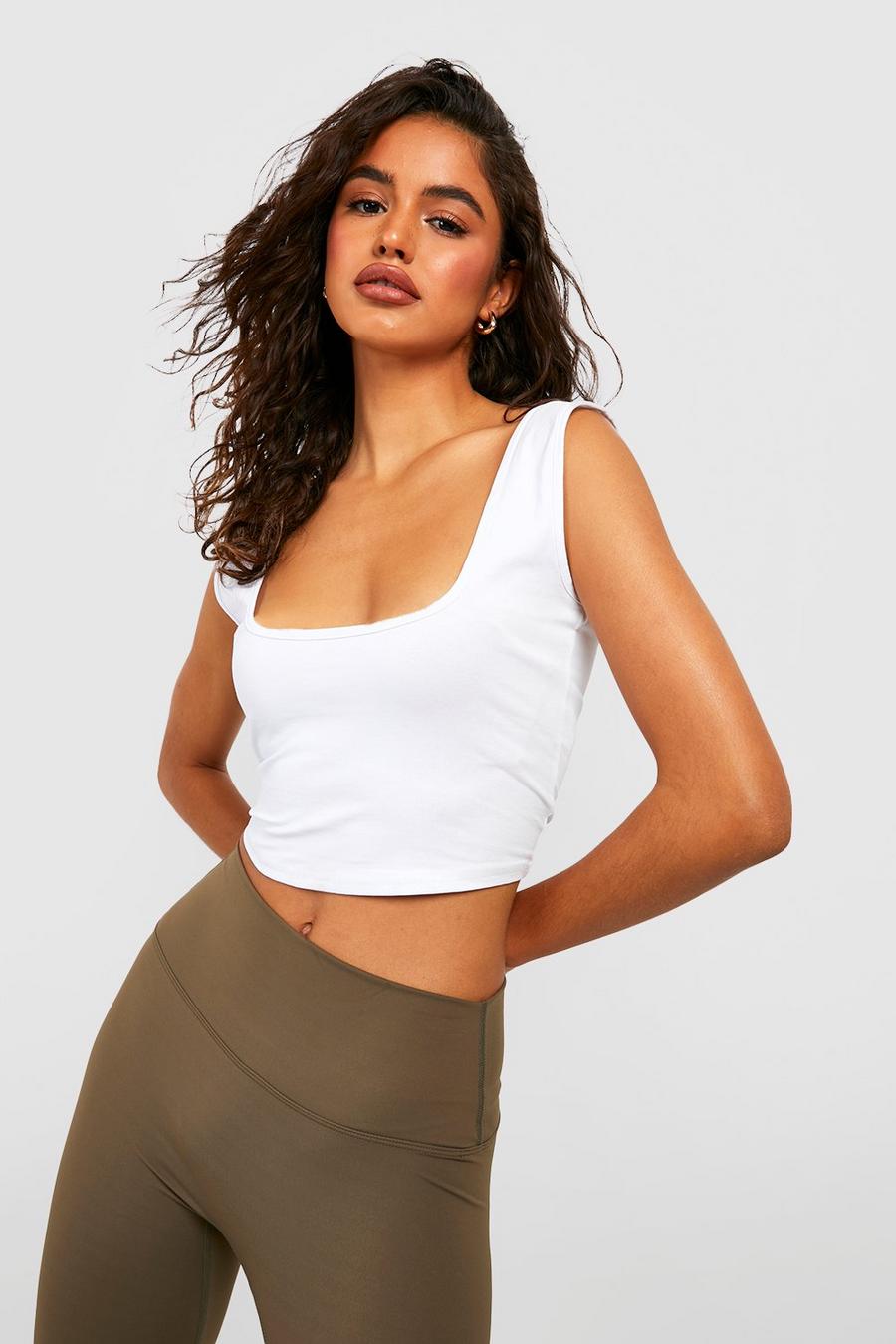 White blanc Wide Strap Sleevless Basic Square Neck Crop Top