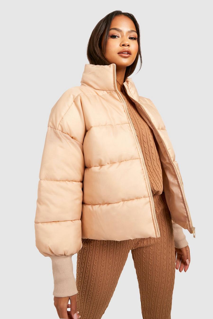 Stone beige Cuff Detail Puffer Jacket image number 1