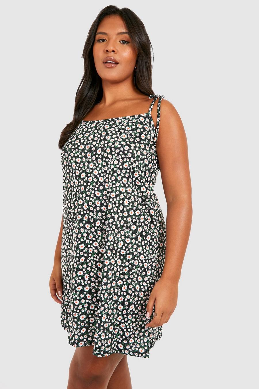 Black Plus Jersey Strappy Sunflower Print Swing Dress image number 1