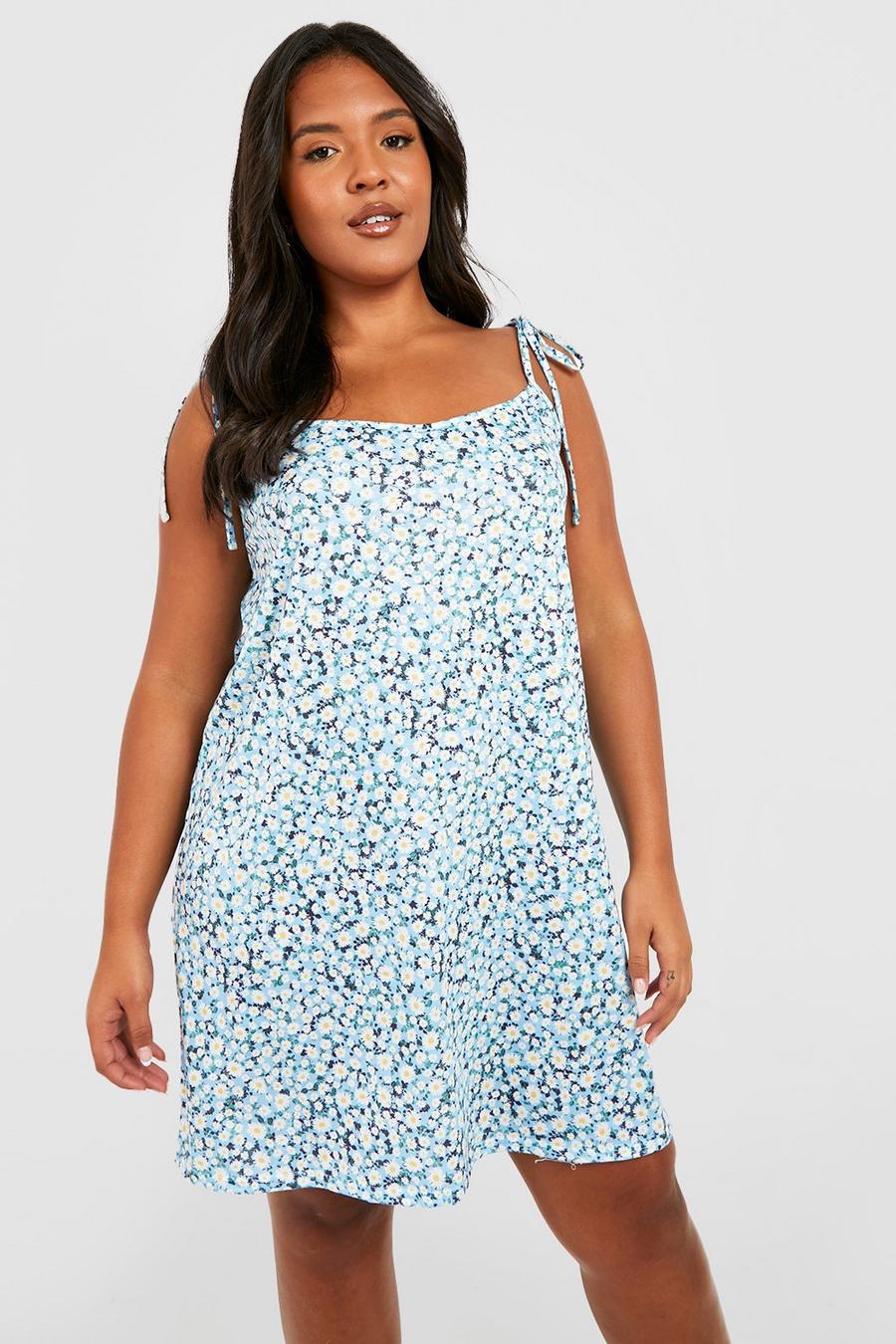 Blue Plus Jersey Knit Strappy Sunflower Print Swing Dress image number 1