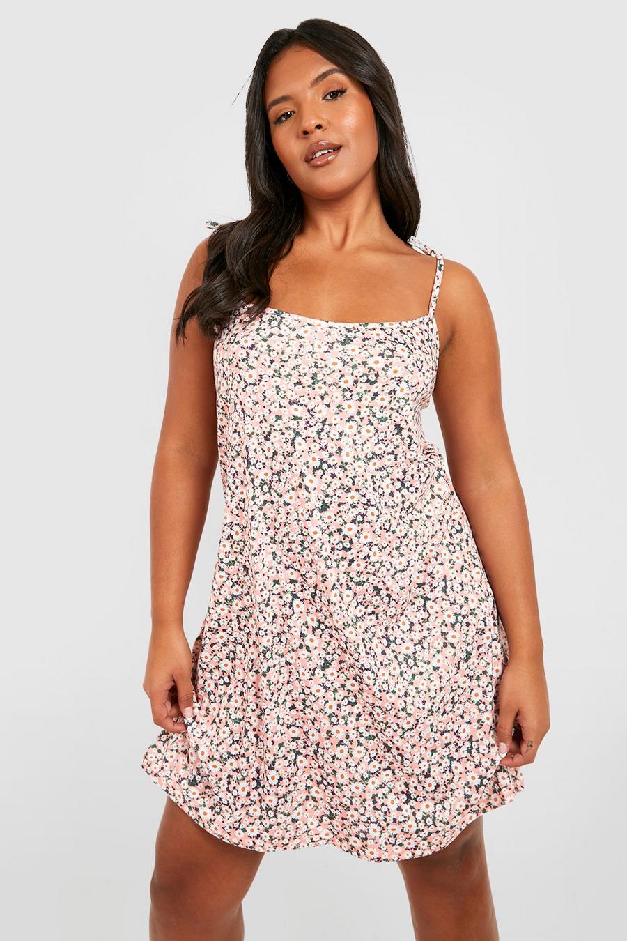 Pink Plus Jersey Knit Strappy Sunflower Print Swing Dress image number 1
