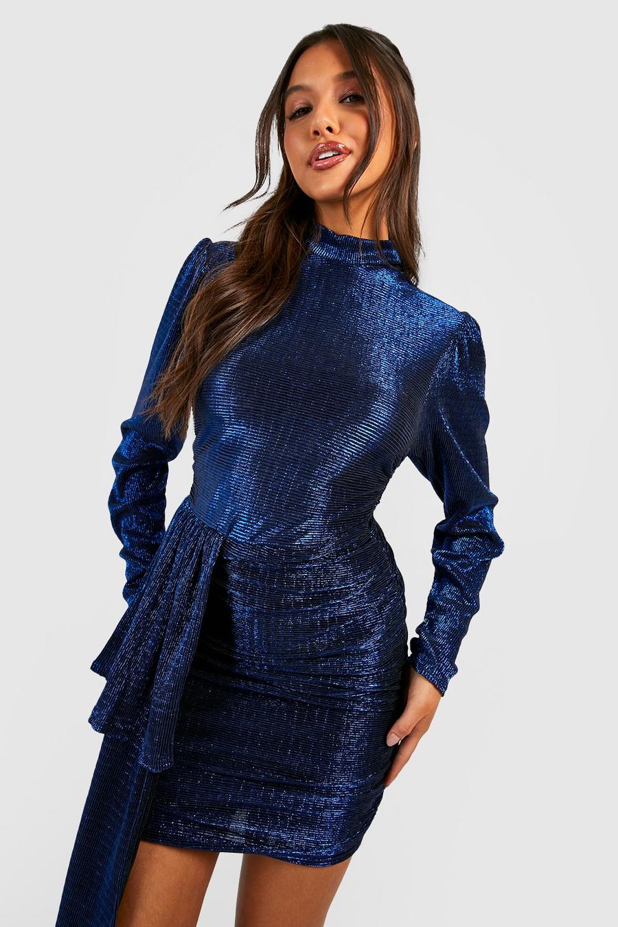Cobalt Plisserad kort klänning med hög hals och metalliceffekt image number 1