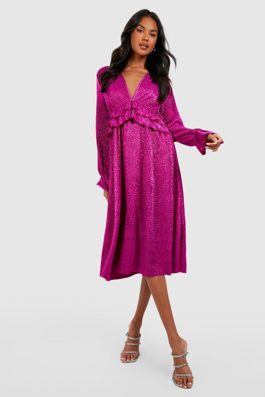 Robe mi-longue métallisée plissée, Hot pink image number 1
