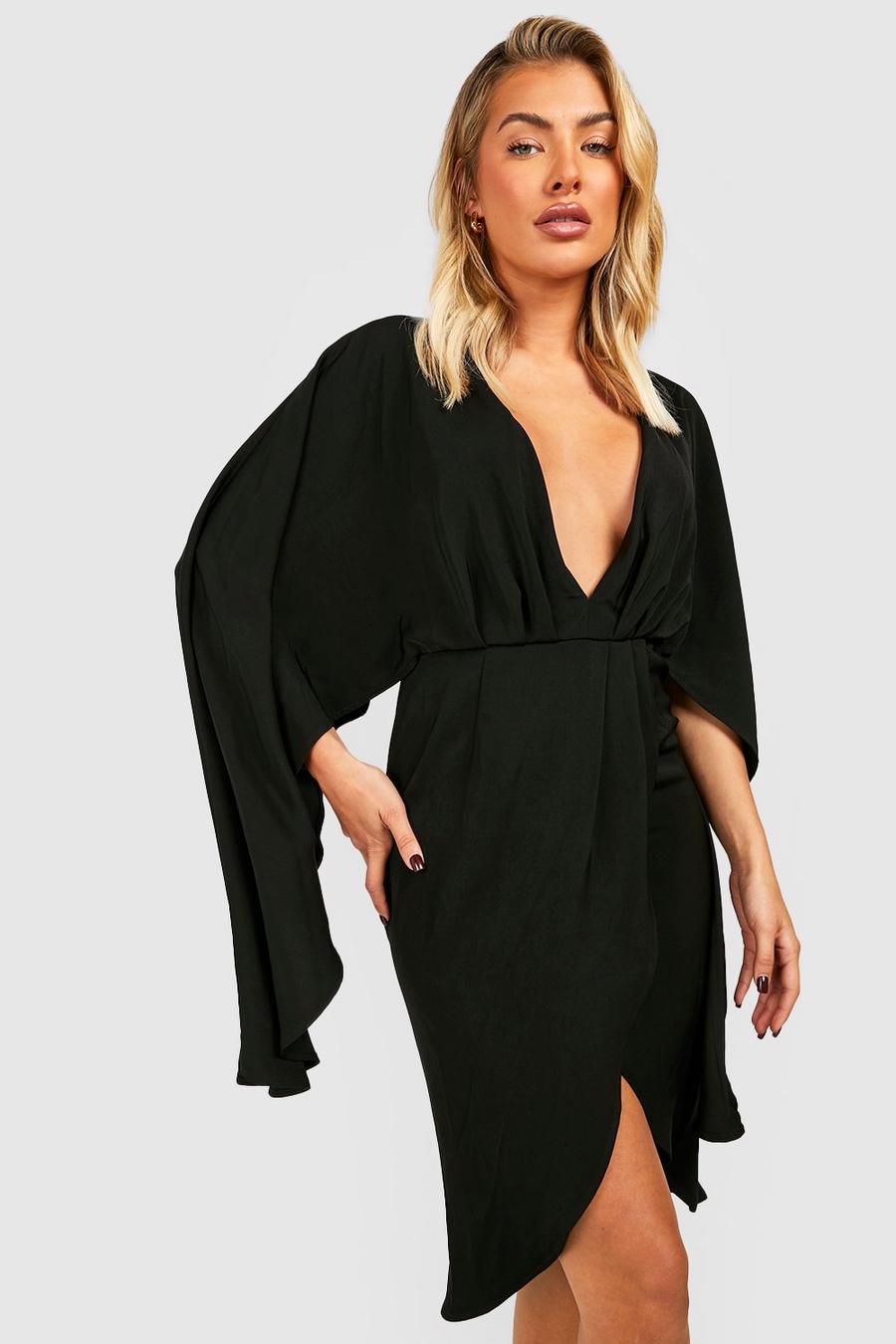 Black Satin Cape Sleeve Wrap Midi Dress image number 1