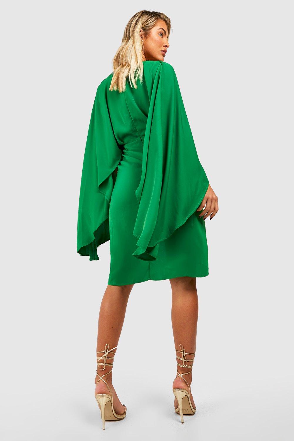 Satin Cape Sleeve Wrap Midi Dress boohoo IE