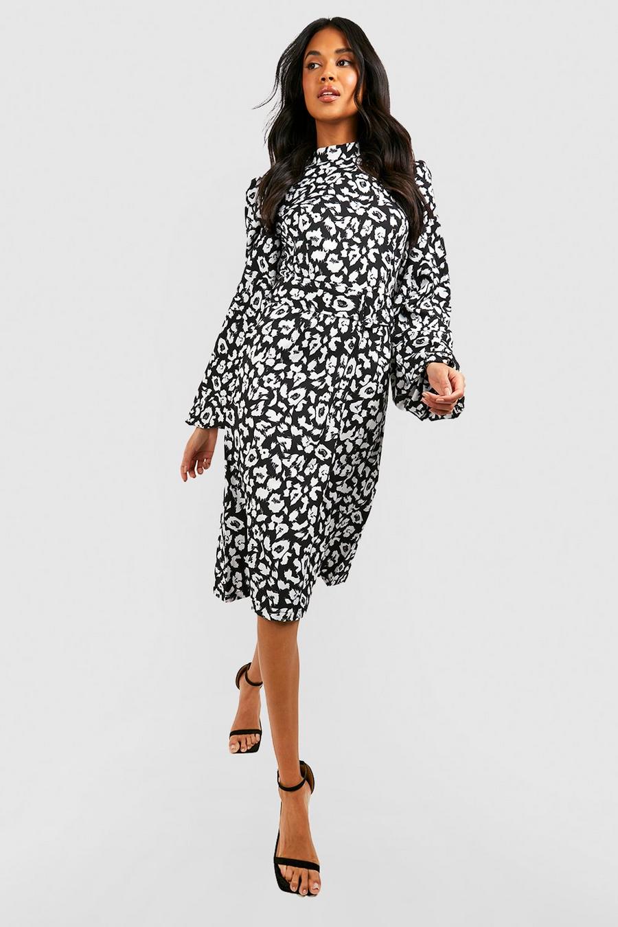Black Satin Leopard Flare Sleeve Midi Dress