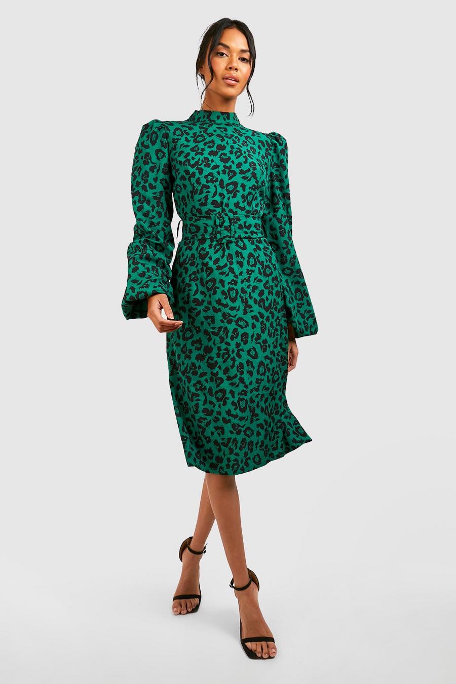 Emerald Satin Leopard Flare Sleeve Midi Dress image number 1
