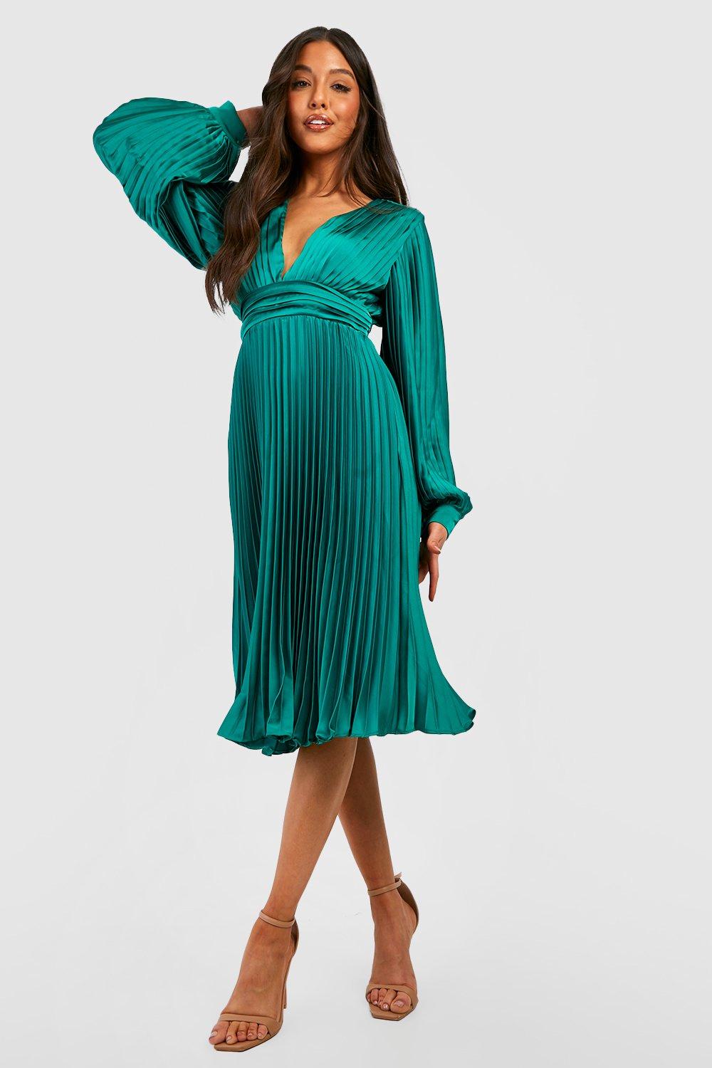 Emerald green frill outlet detail pleated midi dress