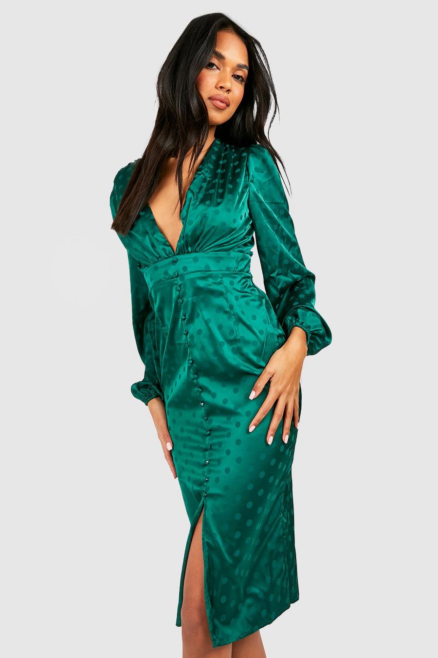 Vestido midi escotado de raso con estampado de lunares, Emerald image number 1