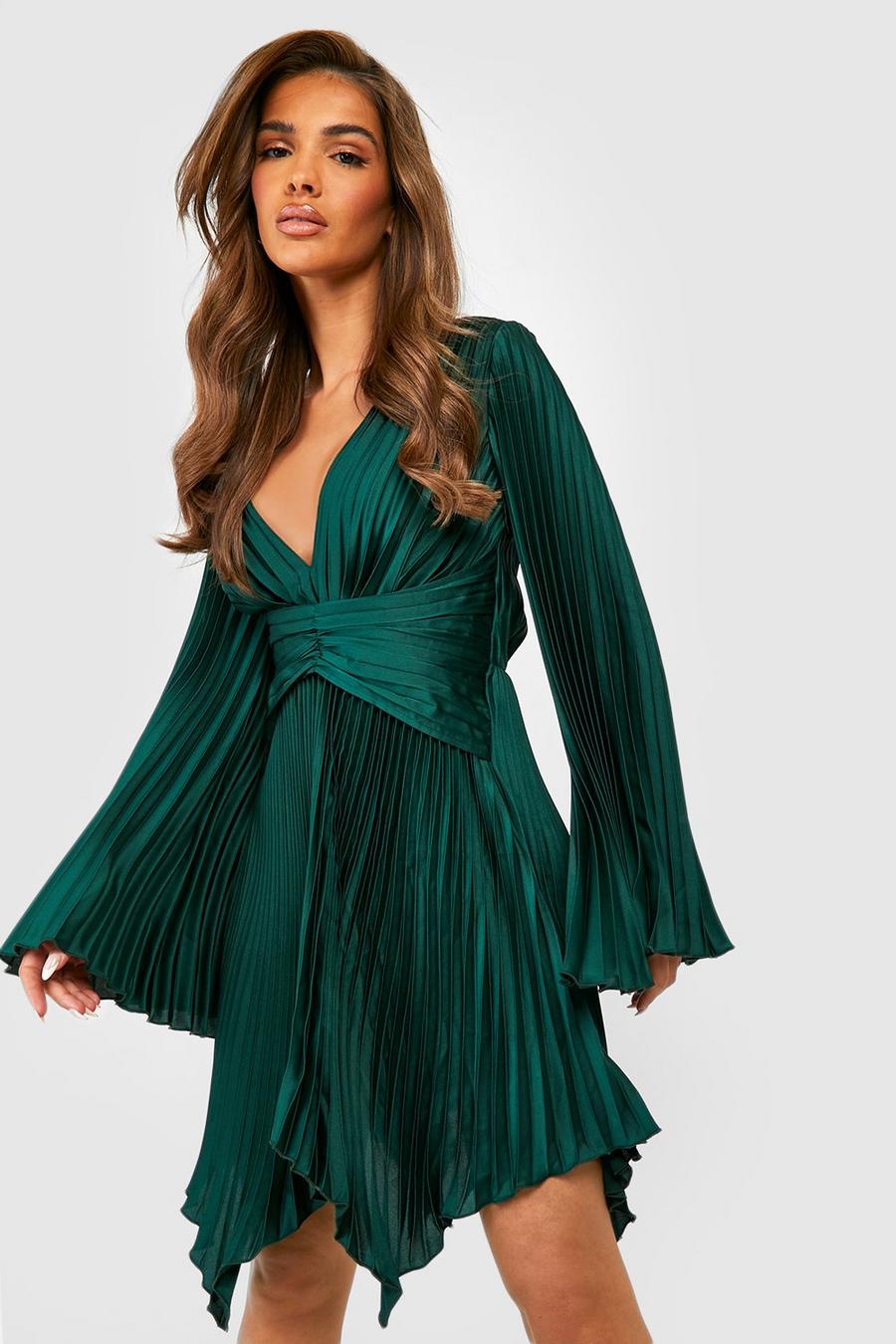Emerald gerde Satin Pleated Angel Sleeve Skater Dress