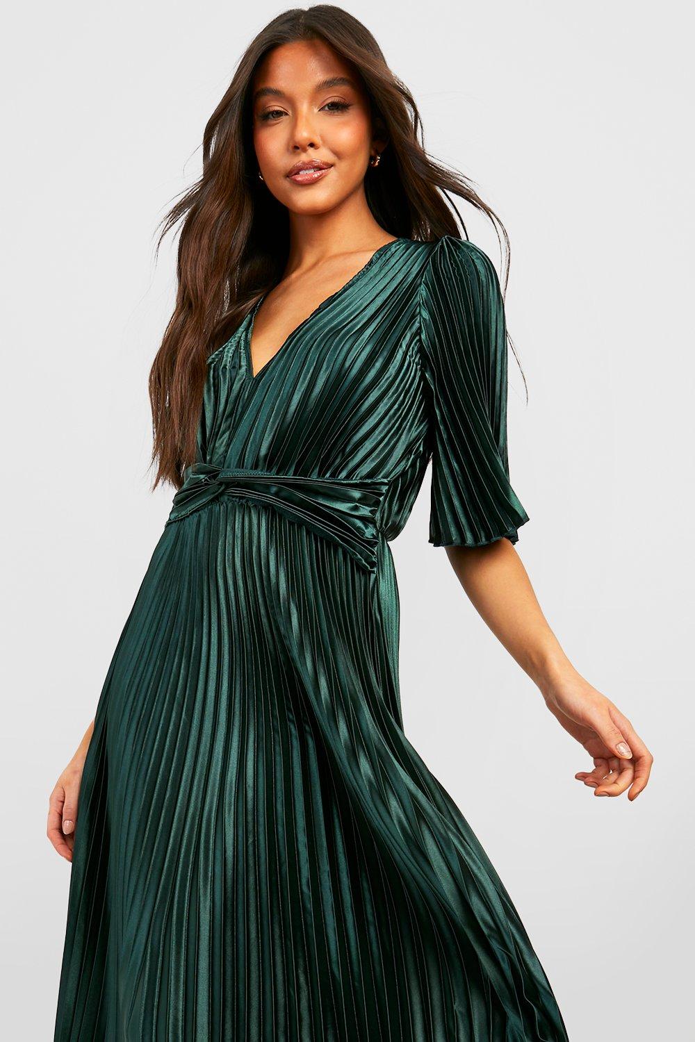 Green satin pleated clearance dress