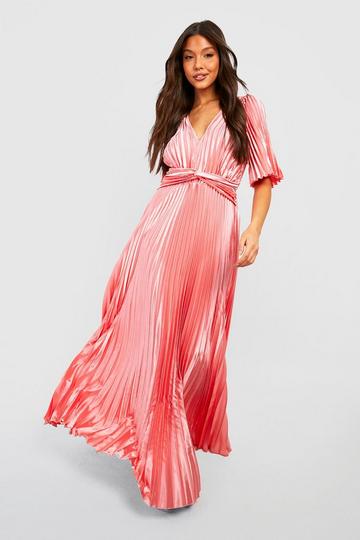 Rose Pink Satin Pleated Angel Sleeve Maxi Dress