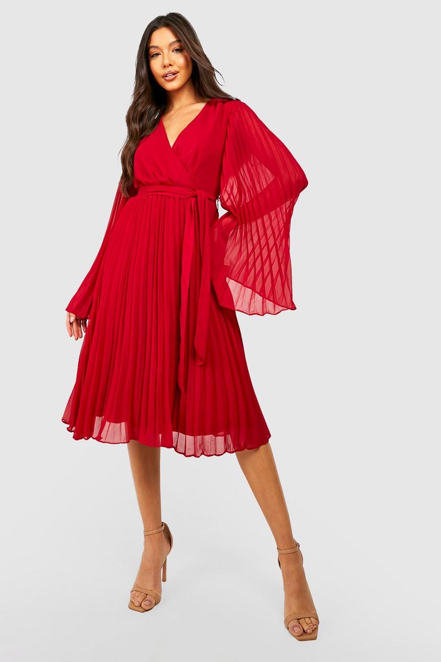 Berry red Chiffon Pleated Wrap Midi Dress