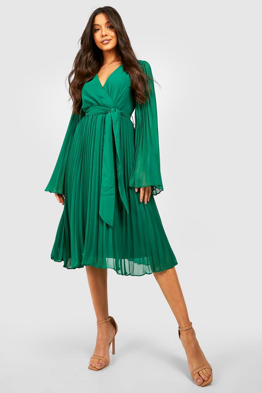 Emerald green Chiffon Pleated Wrap Midi Dress