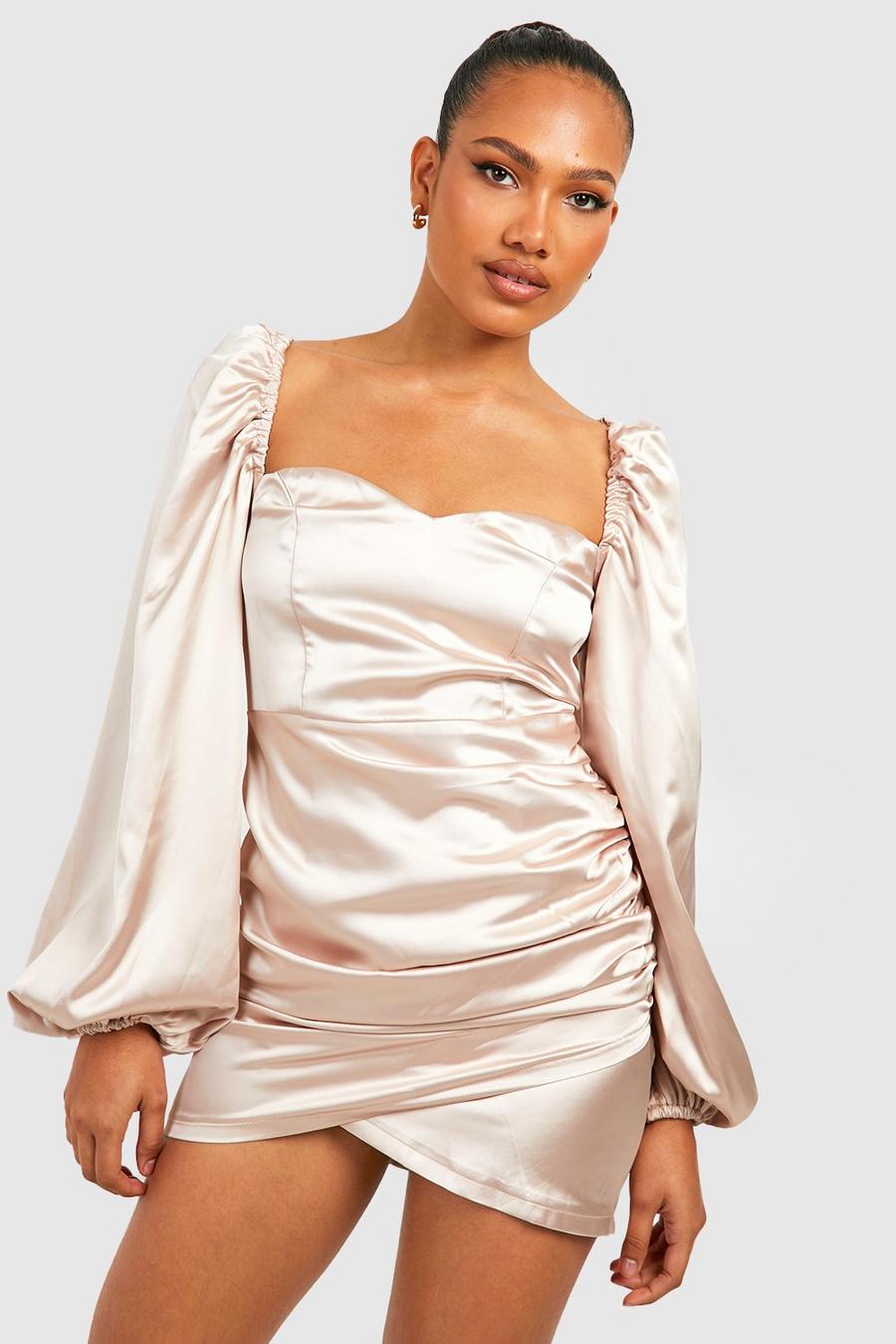 Champagne beis Satin Blouson Sleeve Wrap Dress image number 1