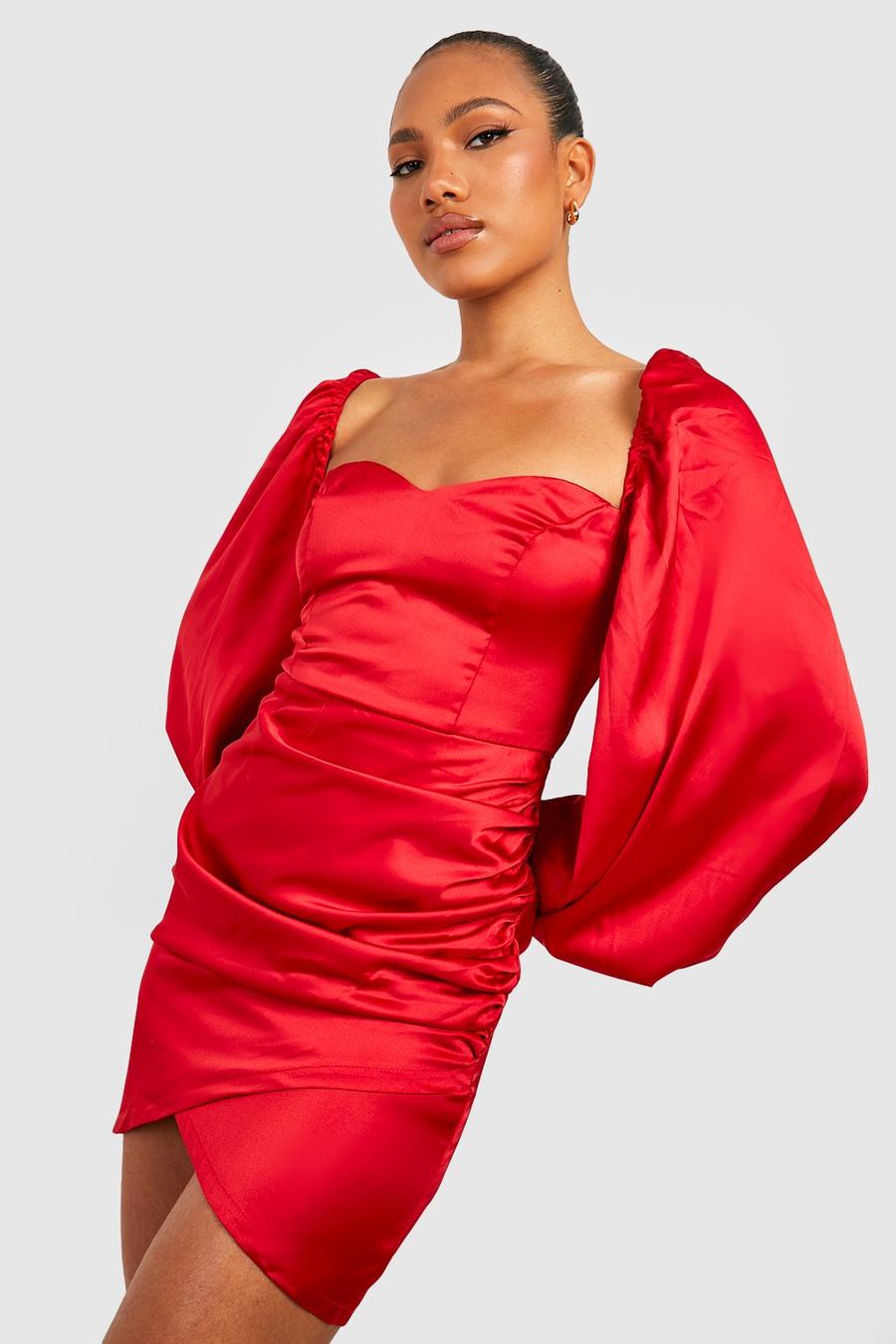 Red Satin Blouson Sleeve Wrap Dress image number 1