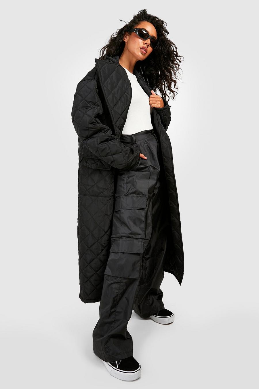 Black Quilted Longline Puffer Jacket image number 1