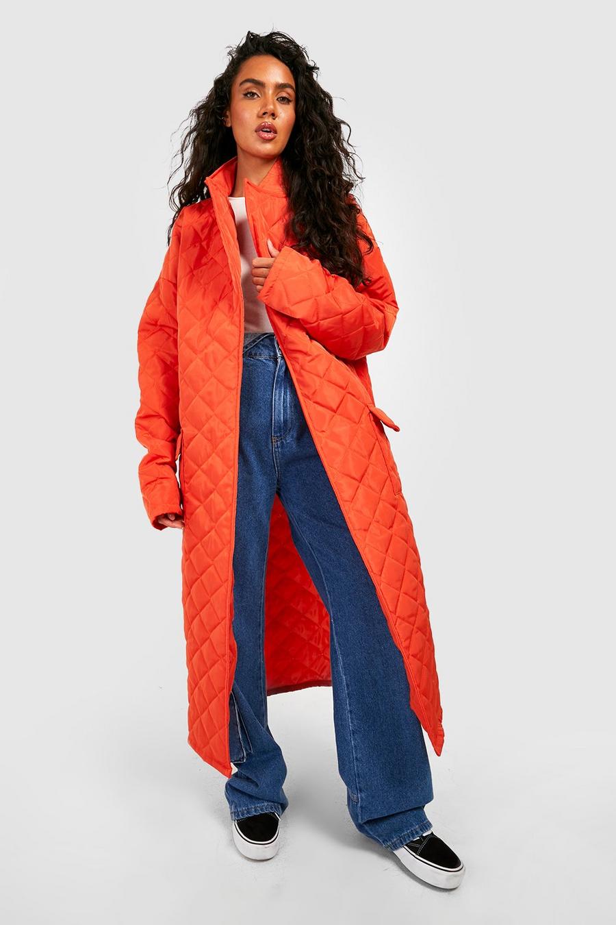 Orange Quilted Longline Puffer Jacket image number 1
