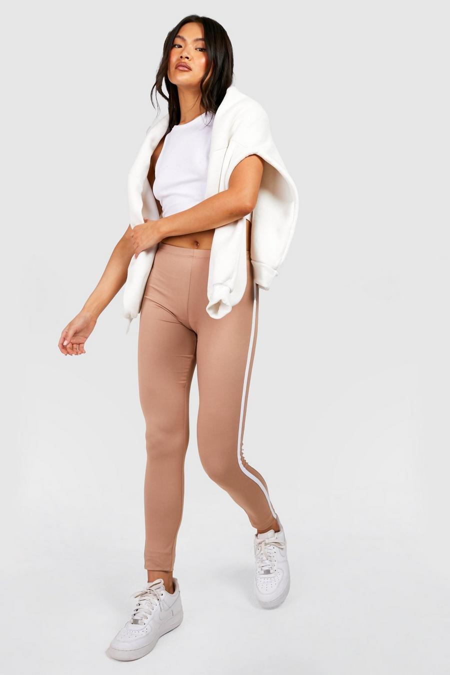 Taupe beige Basic High Waisted Sports Stripe Jersey Leggings image number 1