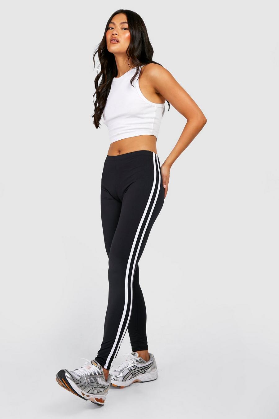 Black Basic High Waisted Sports Stripe Jersey Knit Leggings image number 1