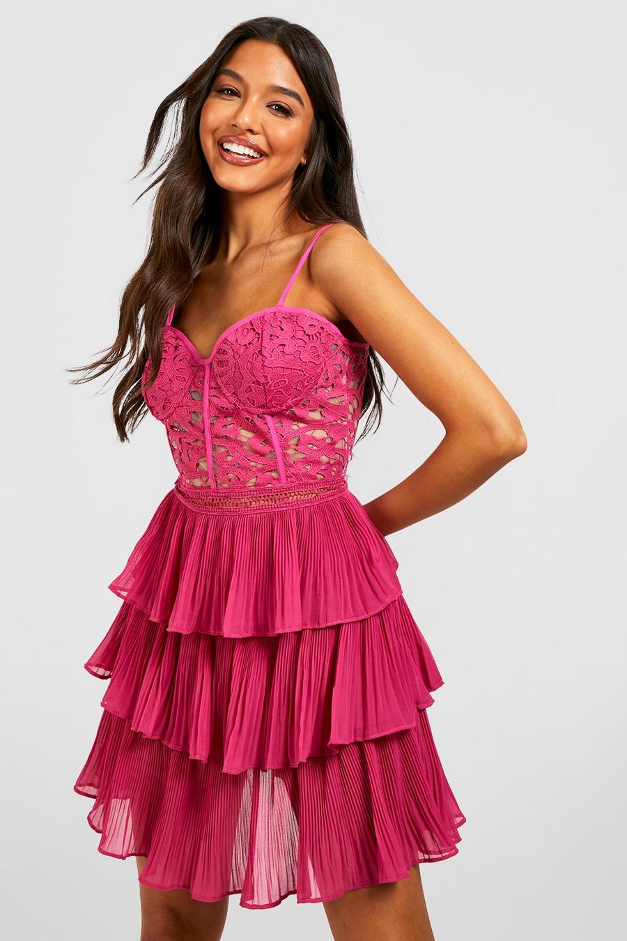 Hot pink rosa Lace Corset Detail Pleated Skater Dress