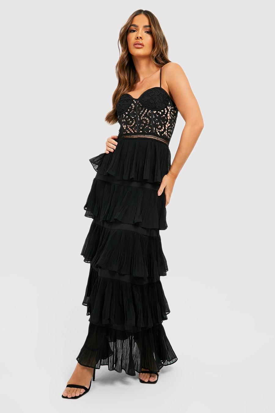 Black negro Lace Corset Detail Pleated Maxi Dress