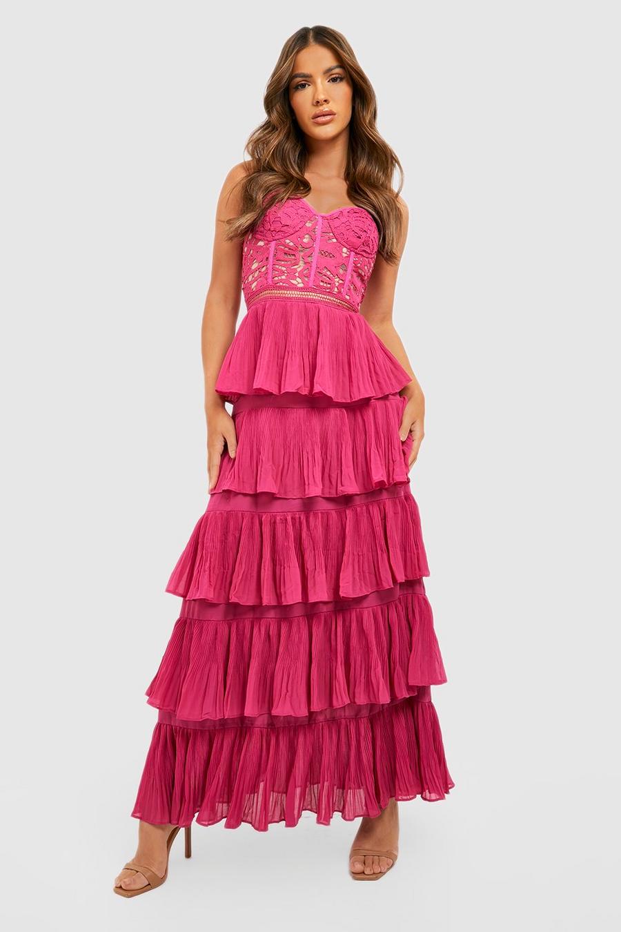 Hot pink rosa Lace Corset Detail Pleated Maxi Dress