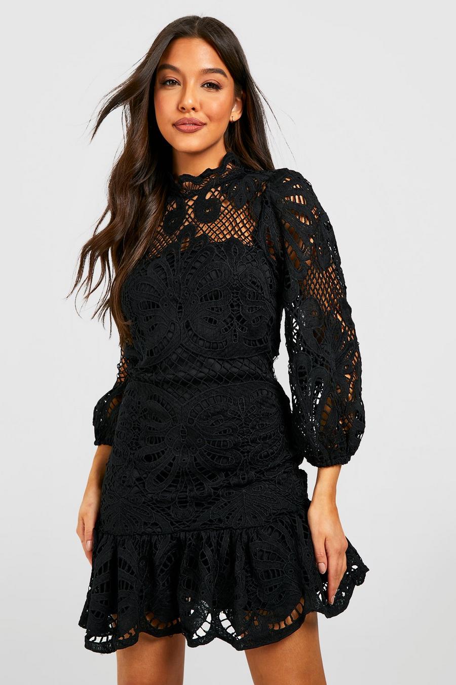 Black Premium Lace High Neck Mini Dress image number 1