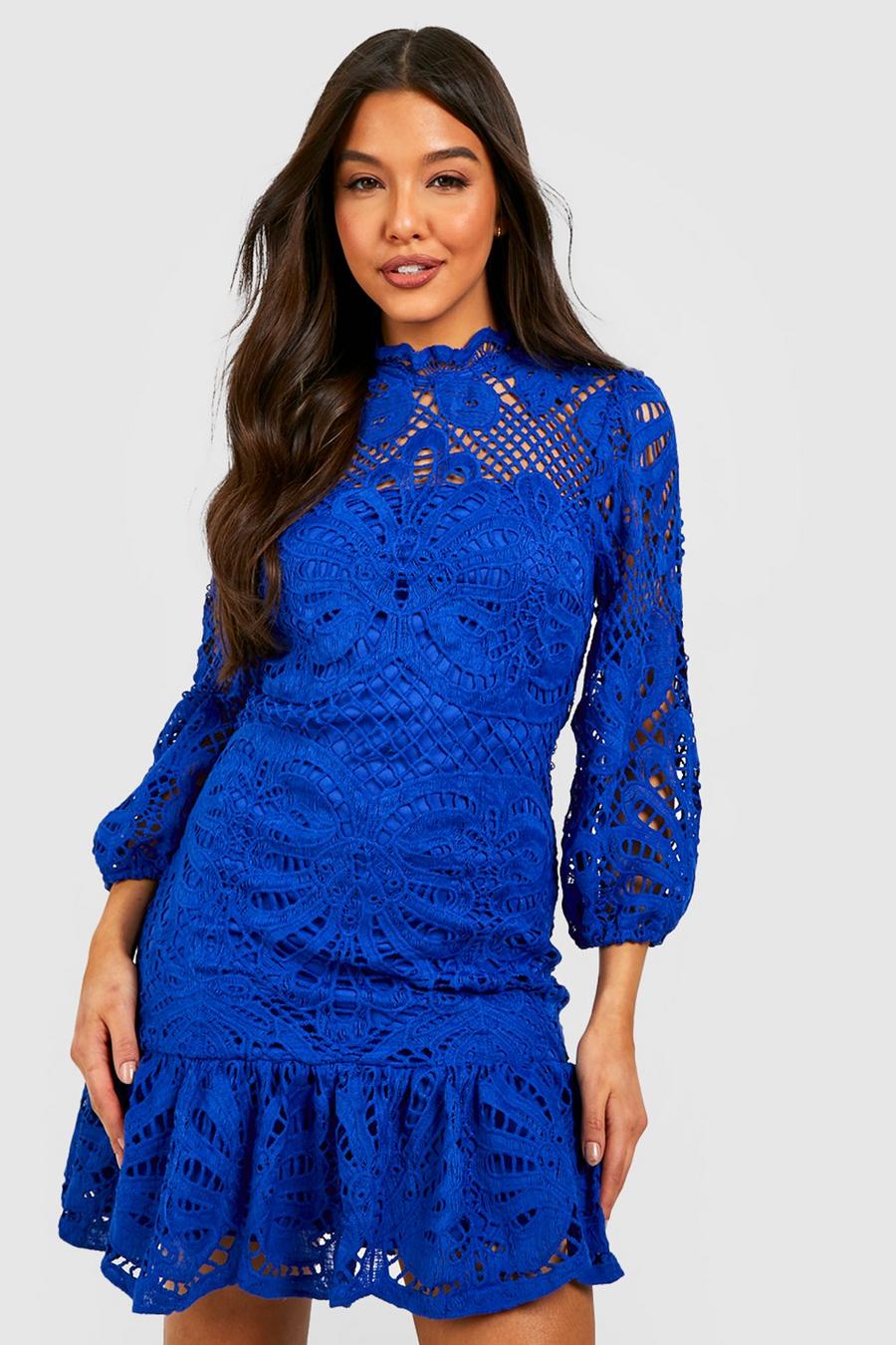 Cobalt blue Premium Lace High Neck Mini Dress