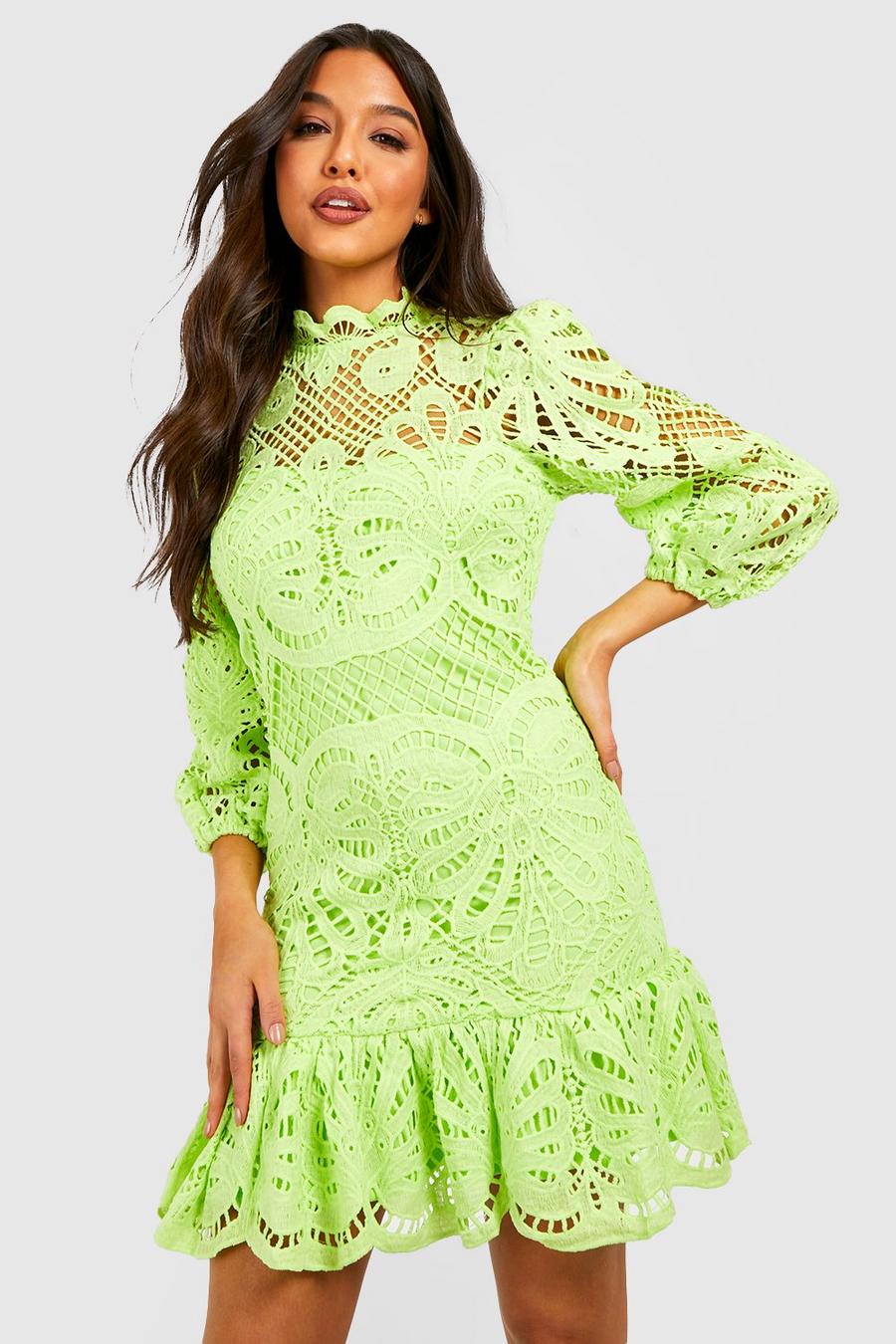 Lime Premium Lace High Neck Mini Dress image number 1