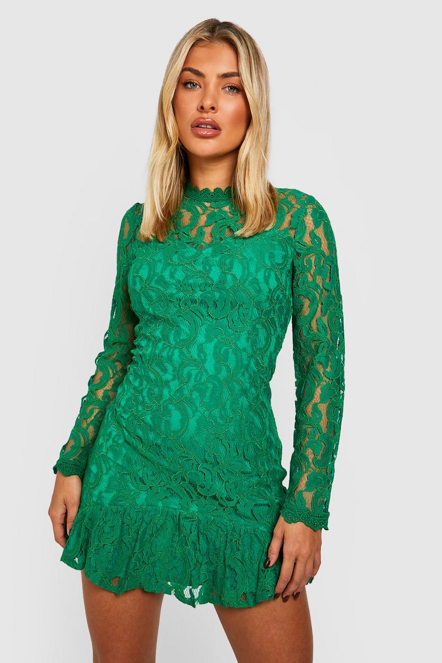 Green Lace High Neck Mini Dress