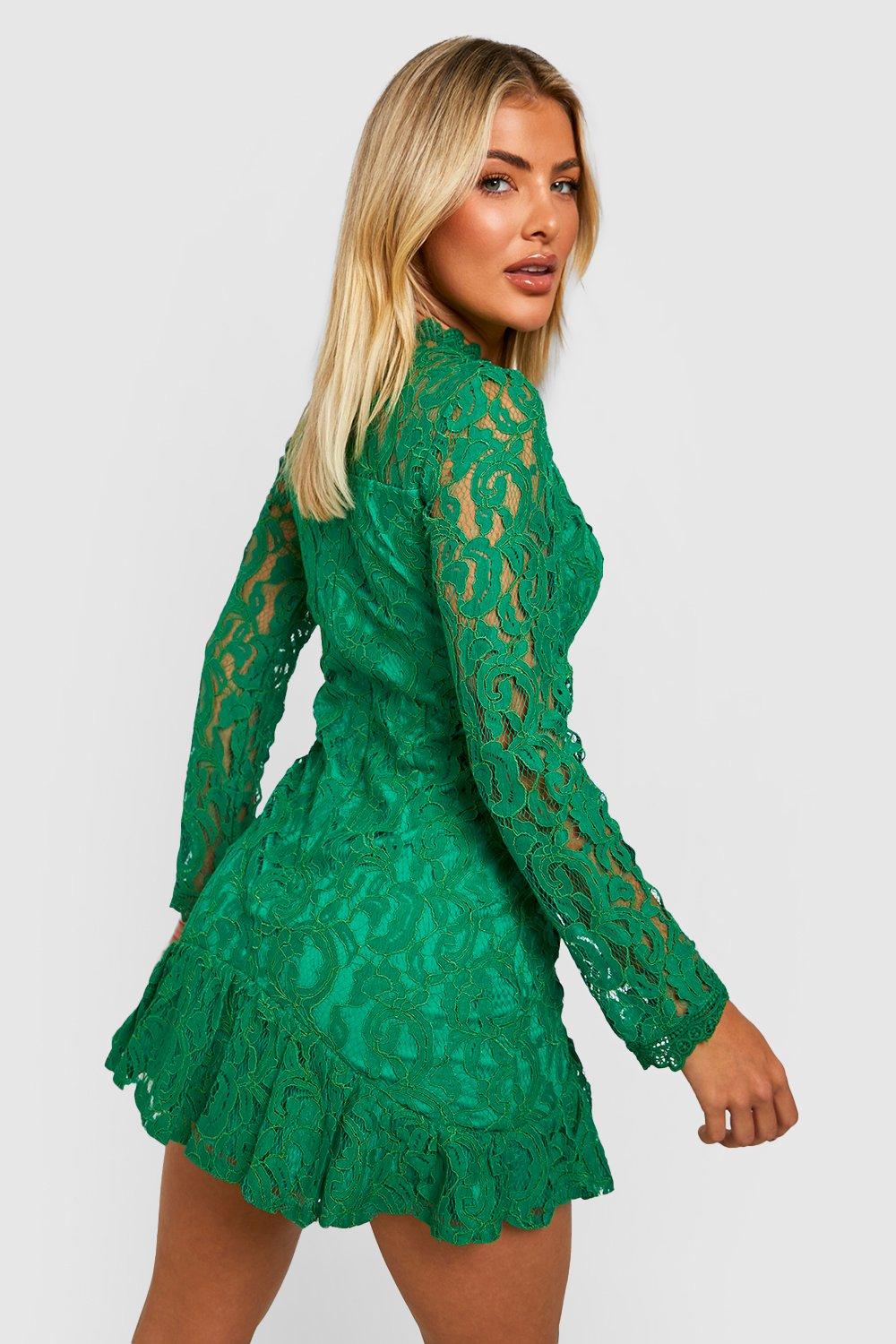 Emerald Green Lace High Neck Skater Dress