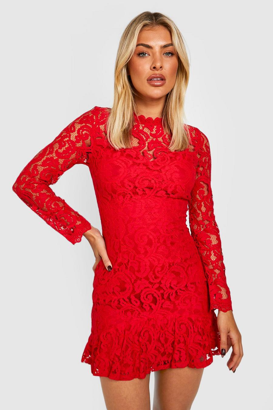 Red Lace High Neck Mini Dress image number 1