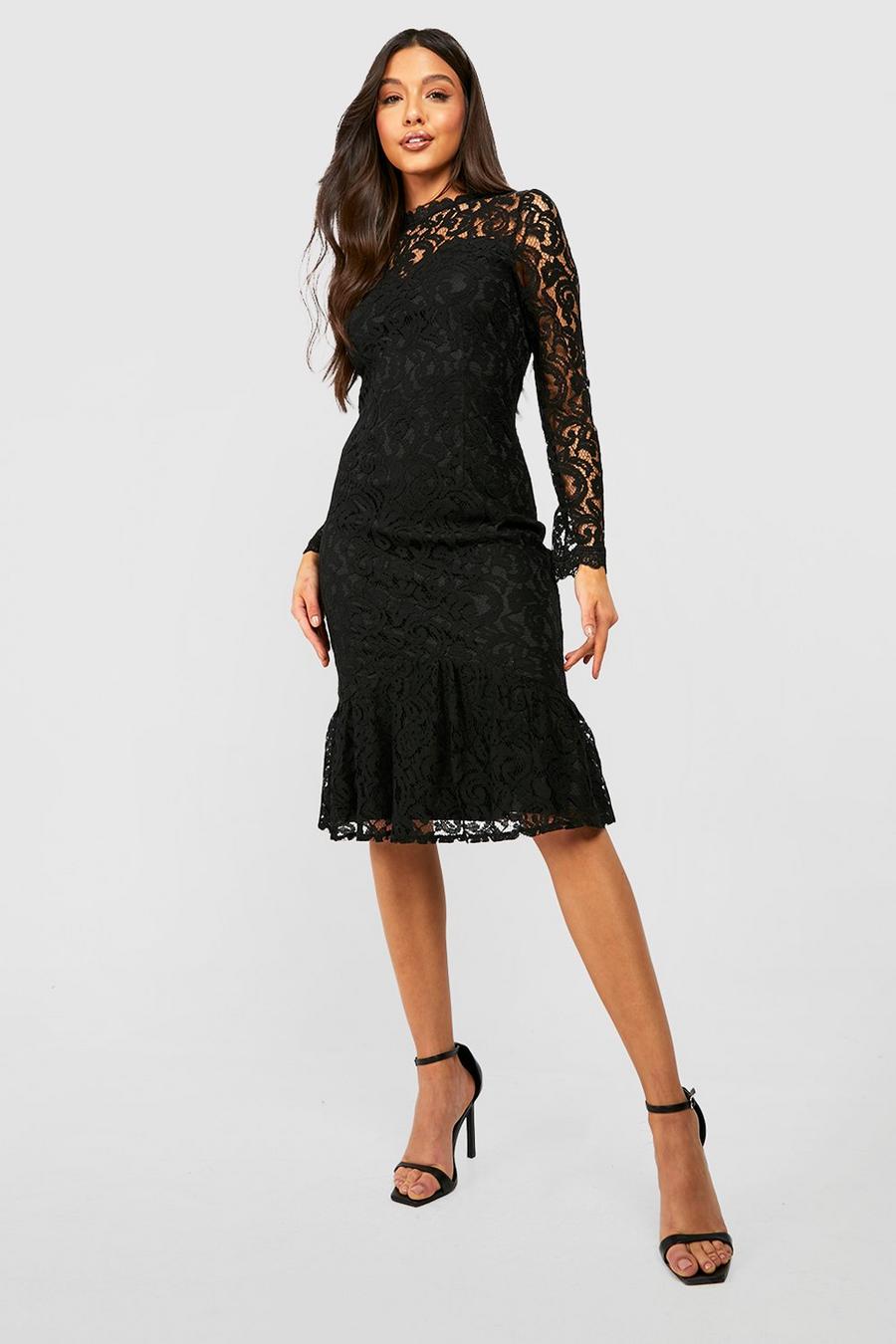 Black Lace High Neck Midi Dress image number 1