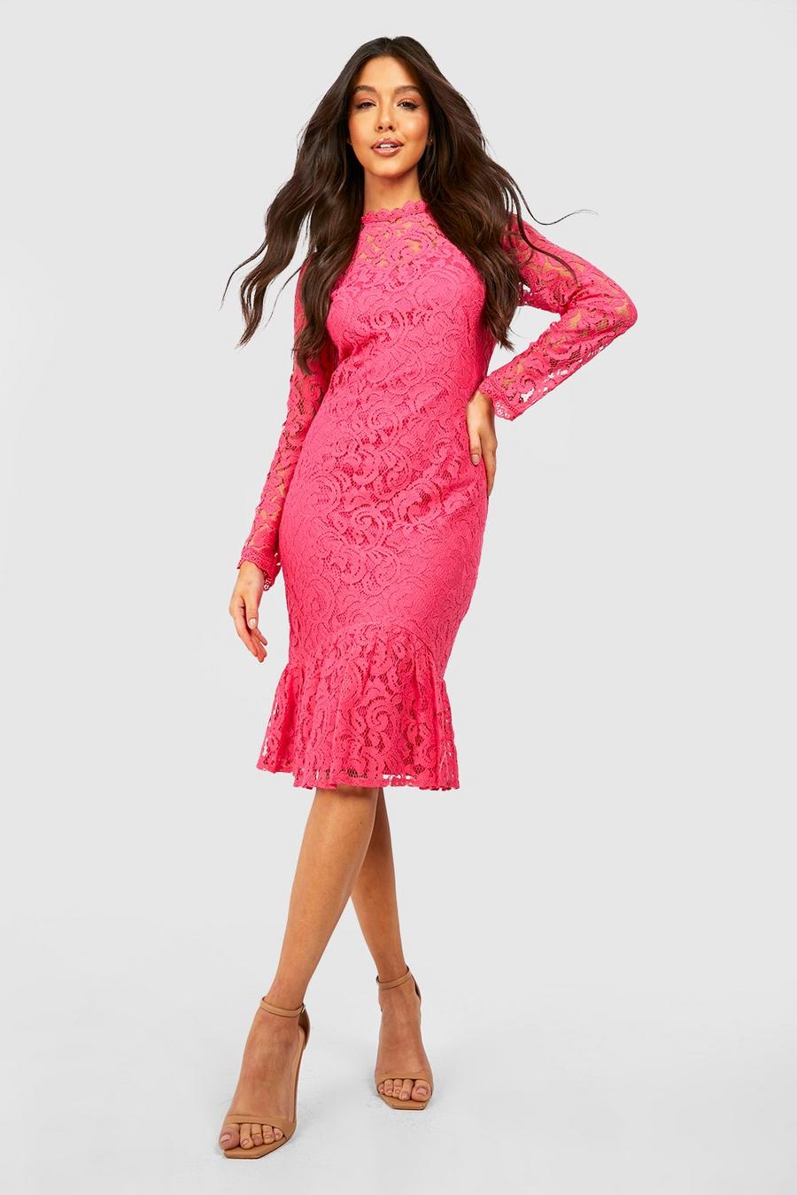 Hot pink Lace High Neck Midi Dress