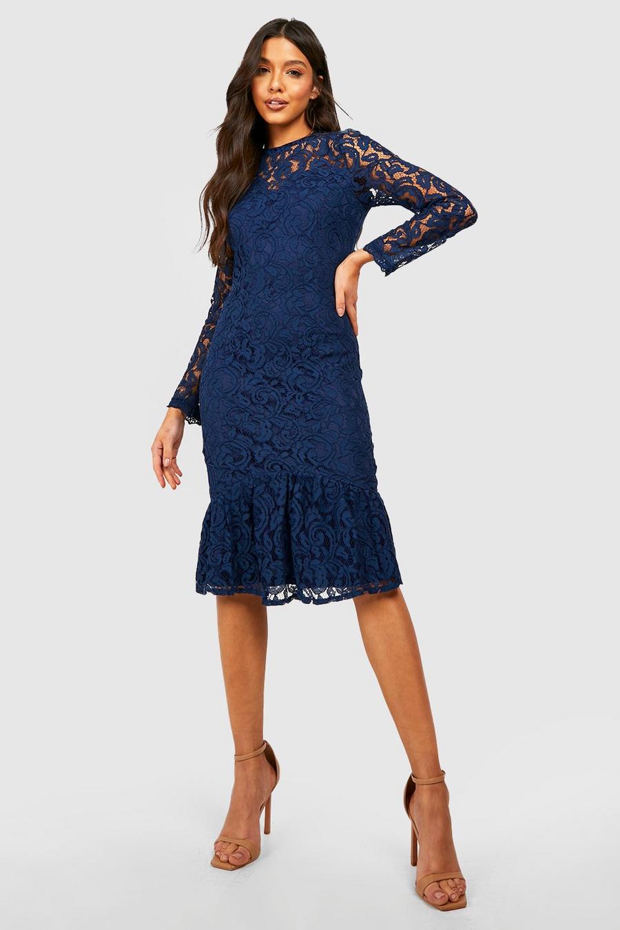 Navy Lace High Neck Midi Dress image number 1
