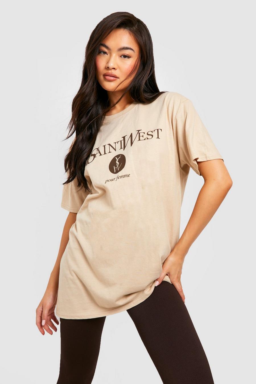 Oversize T-Shirt mit Ye Saint West Pour Femme Print, Sand beige
