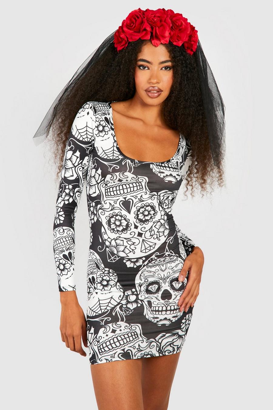 Vestido mini ceñido de Halloween con estampado de esqueleto, Multi image number 1