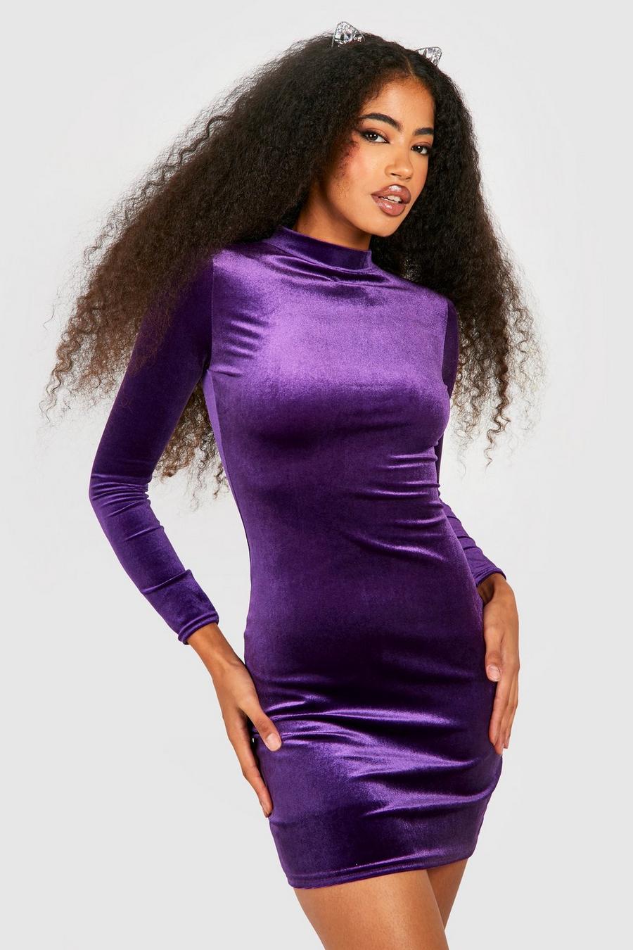 Vestido mini de Halloween y terciopelo con cuello alto, Purple image number 1