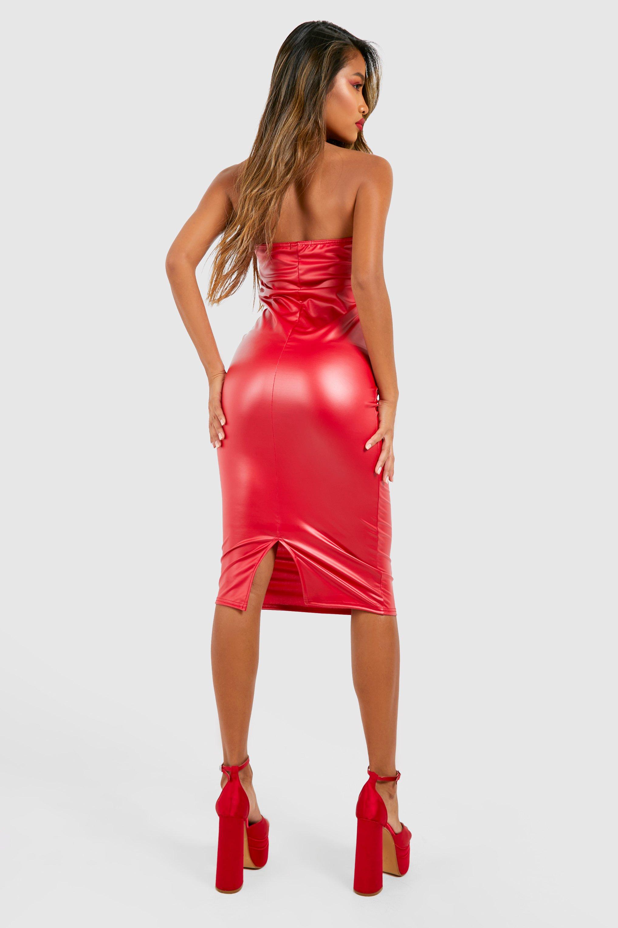 Red Vinyl Bandeau Bodycon Dress, Dresses