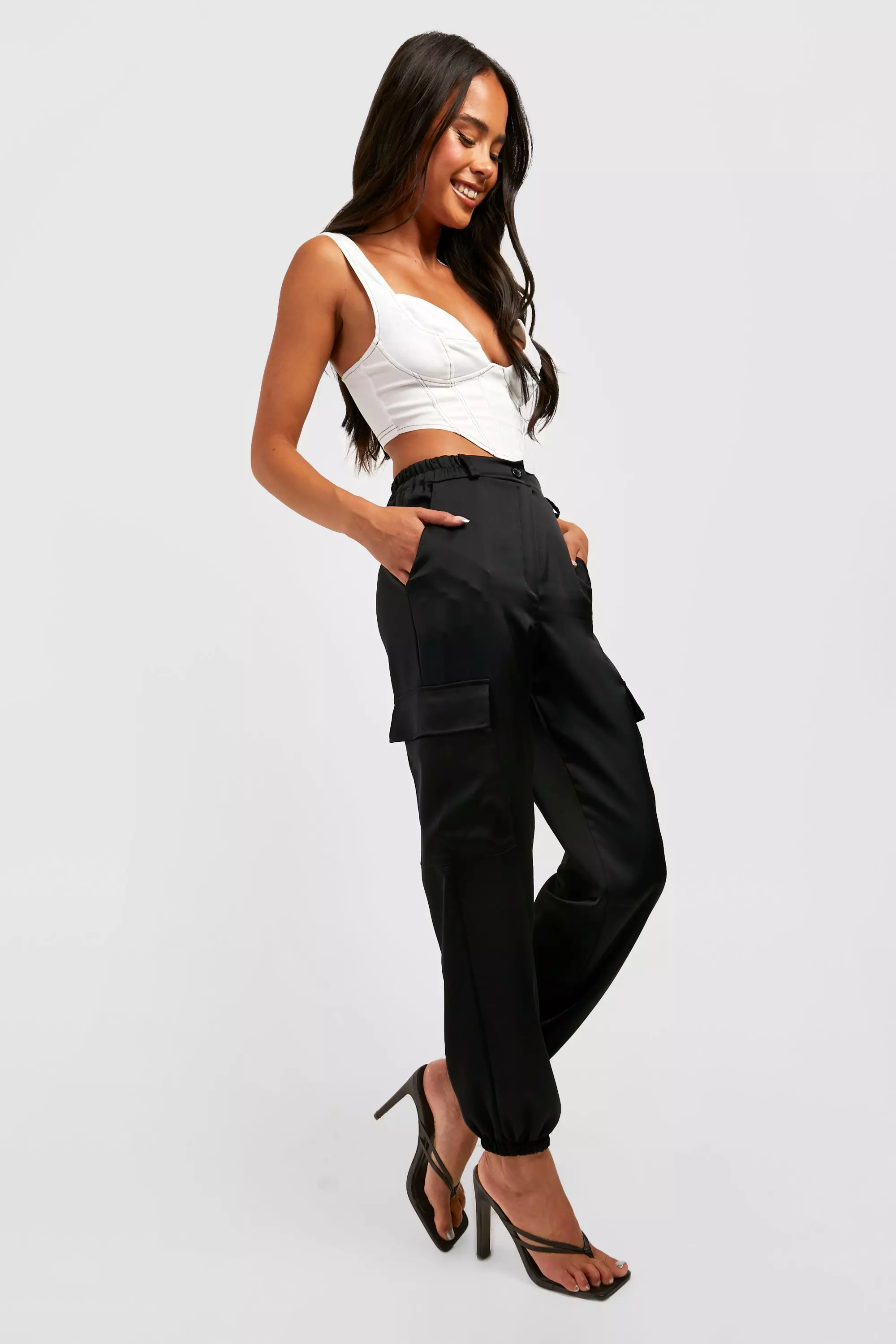 Black satin cargo joggers new arrivals